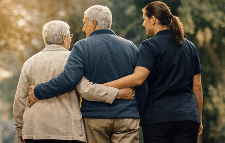 Senior companion transportation. caregiver walking with elderly couple